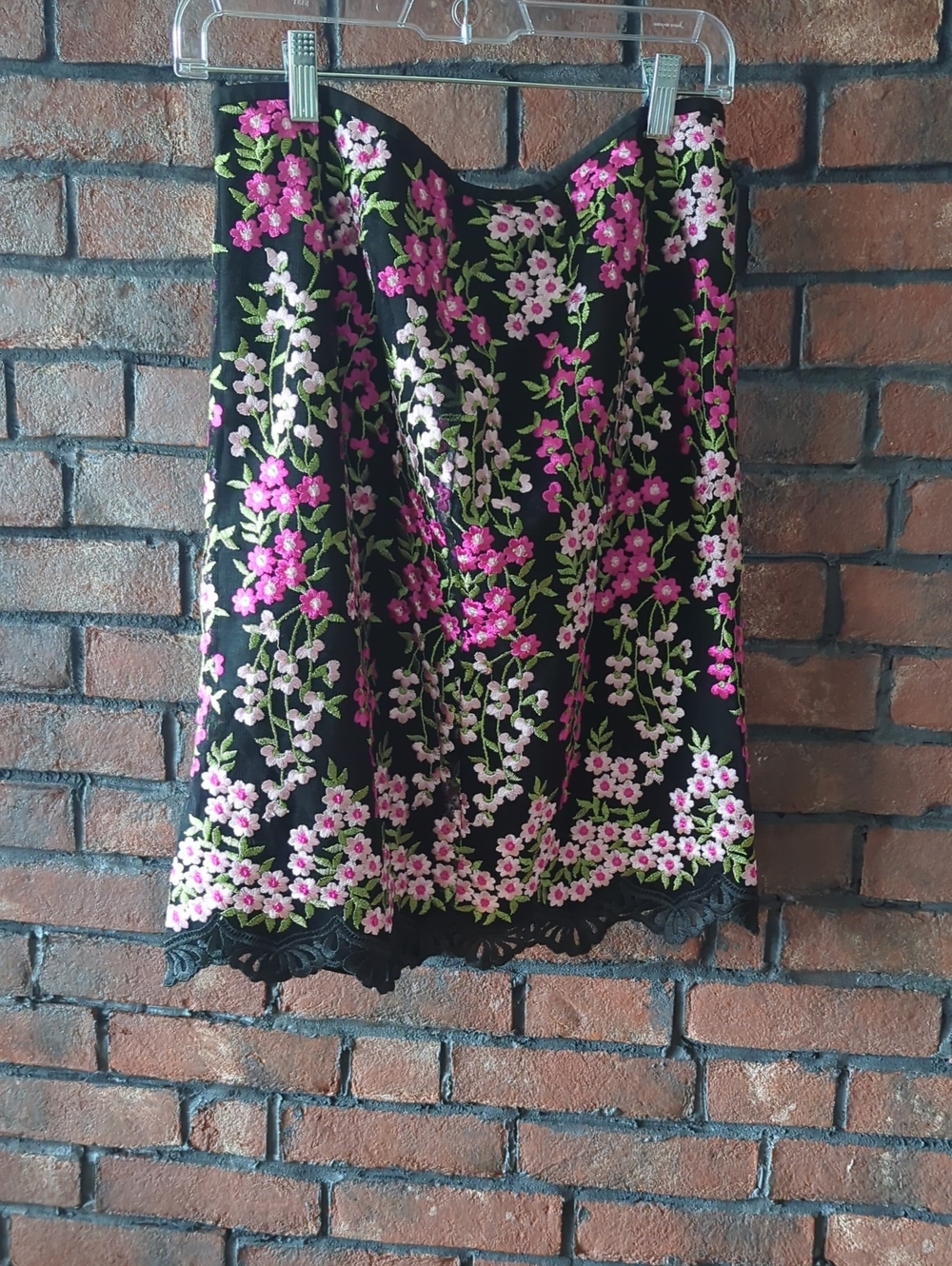 Floral Embroidered Black Mini Skirt with Pink & White Flowers